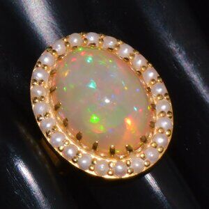 Certified Natural 13.78Cts Seed Pearl Opal Cocktail Brushed 18K Solid Gold Ring